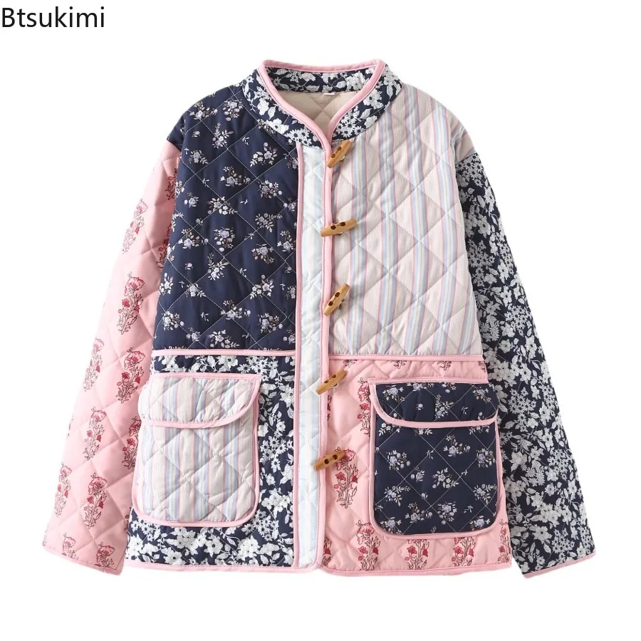 Vintage Floral Printing Patchwork Cotton-padded Clothes Jacket Fashion Winter Warm Coat Casual Parkas Fashion Lady Streetwear