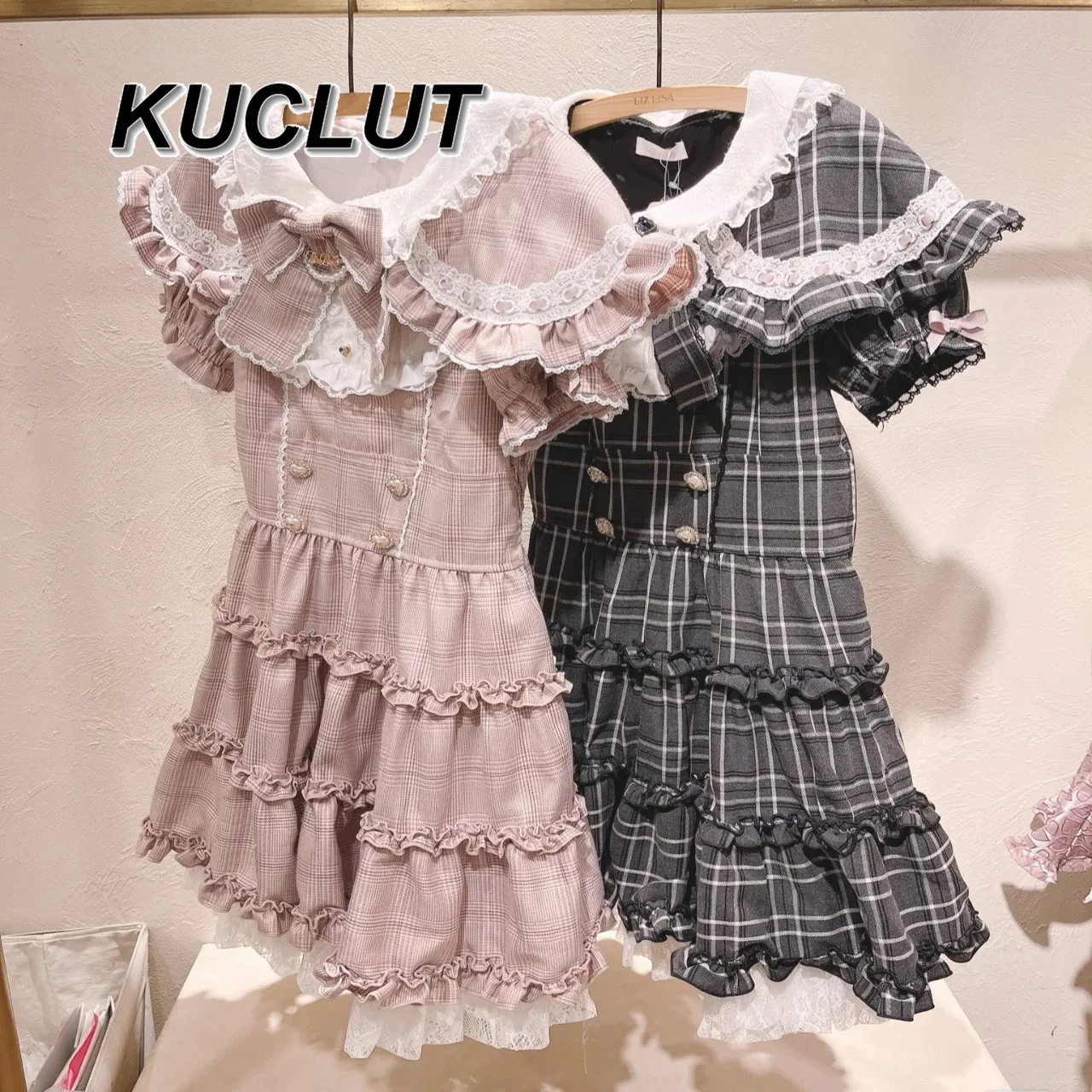 

Japanese Style Short Sleeve Dresses for Women Hot-Selling Retro Sweet Lace Mass-Produced Bow Plaid Casual Elegant Dress