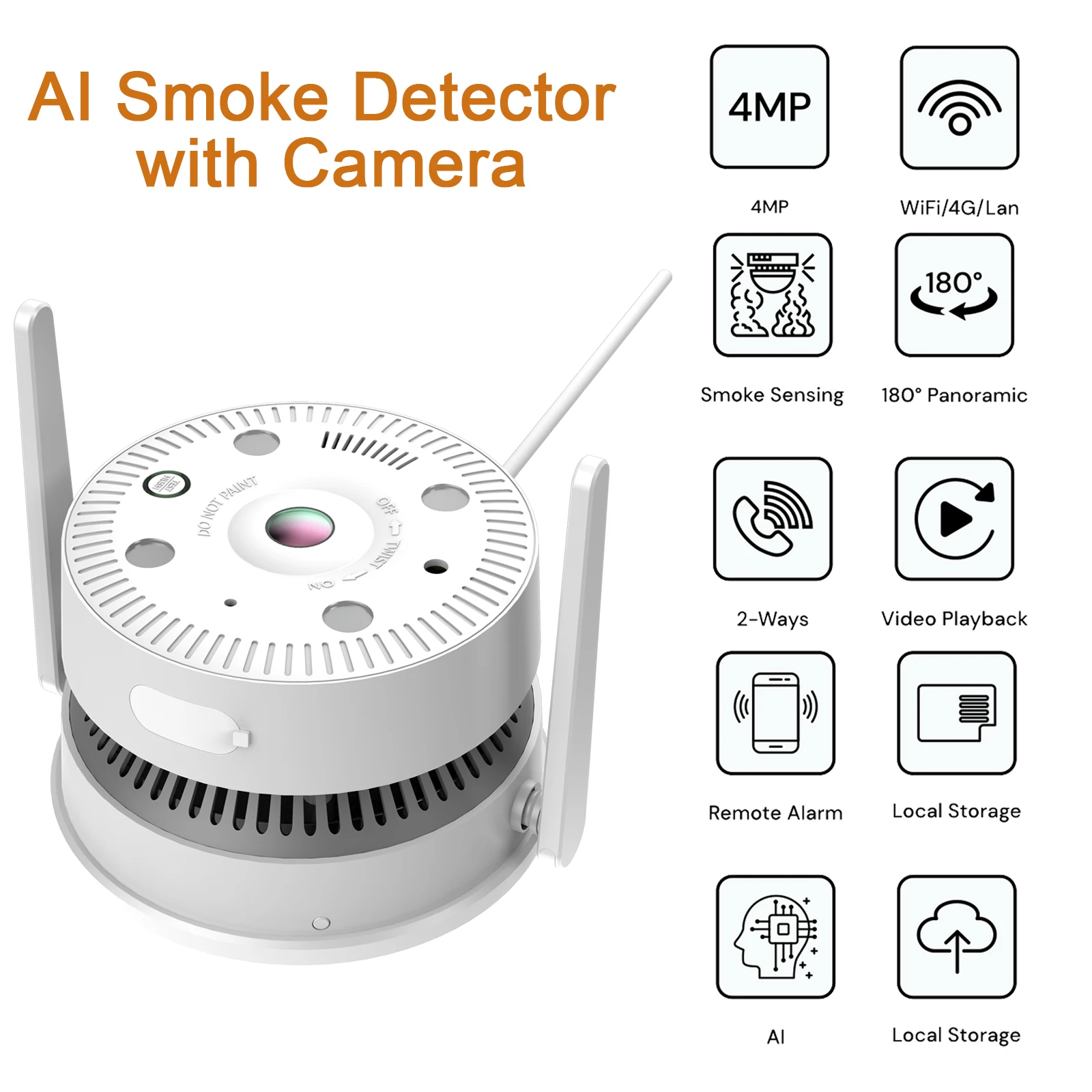 

AI Smoke Detector with camera; 4MP&180° Wide-Angel View; Smart Smoke Detection&Real-Time Alerts; ONVIF; Heat Resistance