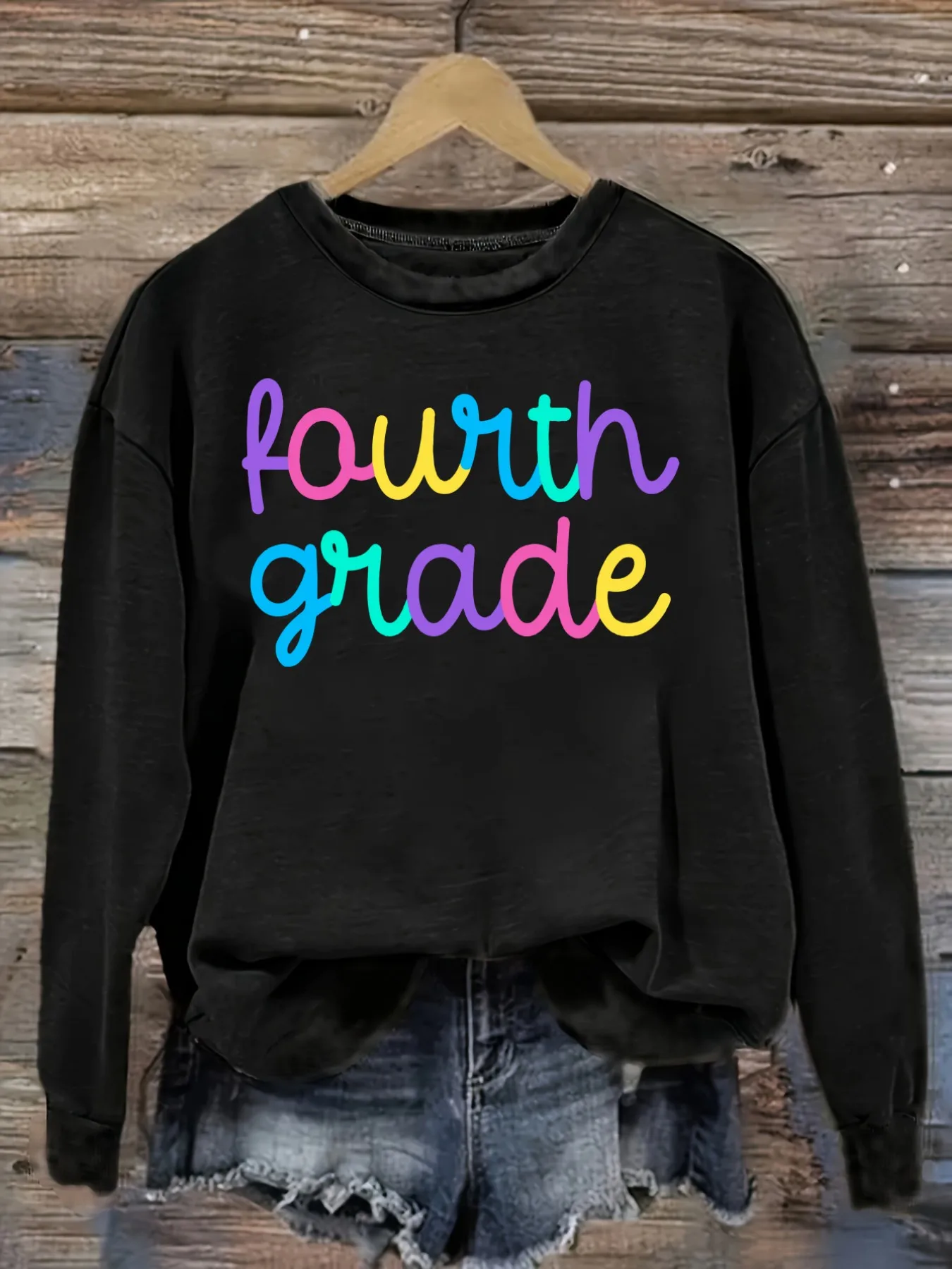 Women's Casual Long Sleeve Crew Neck T-Shirt Fourth Grade Rainbow Text Print Design, Round Neck Women's Clothing, Machine Washable, Slightly Elastic, Loose Fit, Spring Autumn Winter Women's T-Shirt, Halloween Costume Outfit