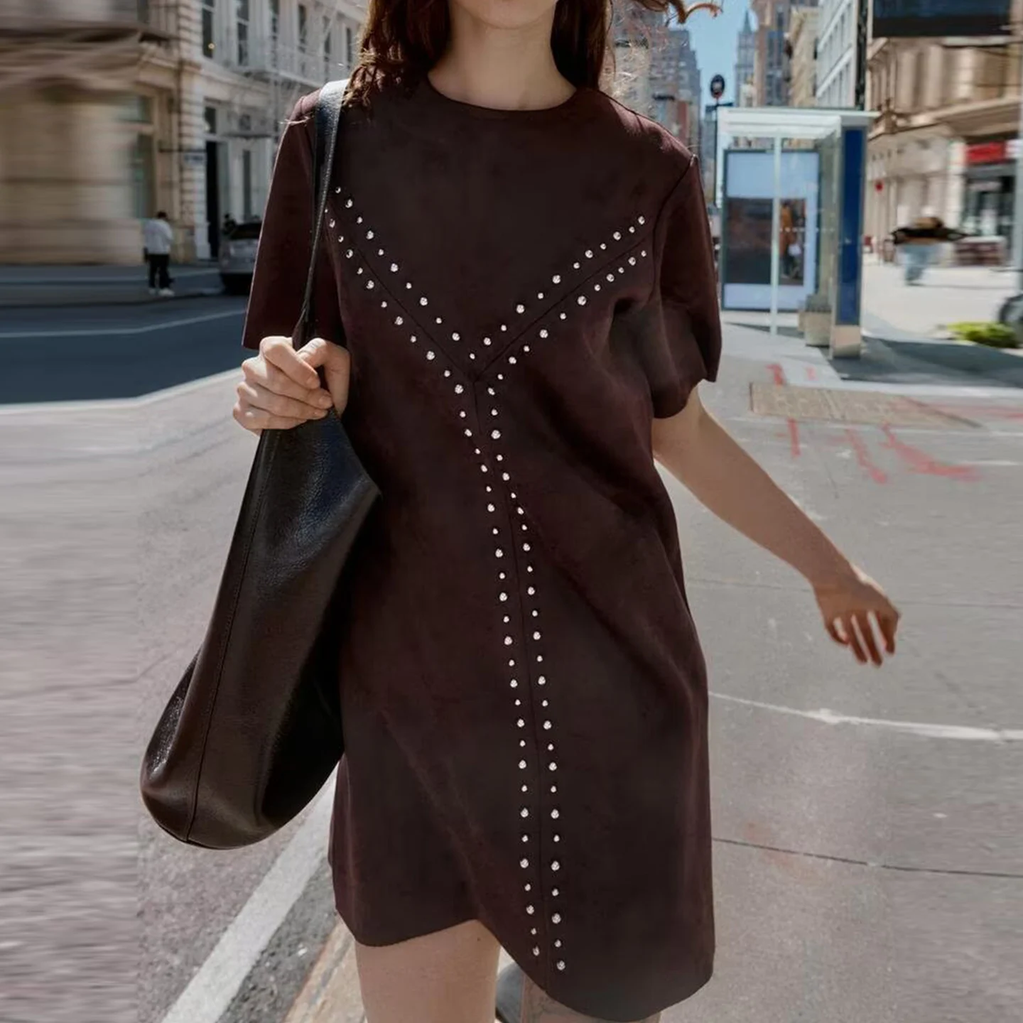 Z femme Faion Personali Anti-Fur cuir effet Rivet Dr décontracté Sle taille ample ort Sve t-shirt Dr