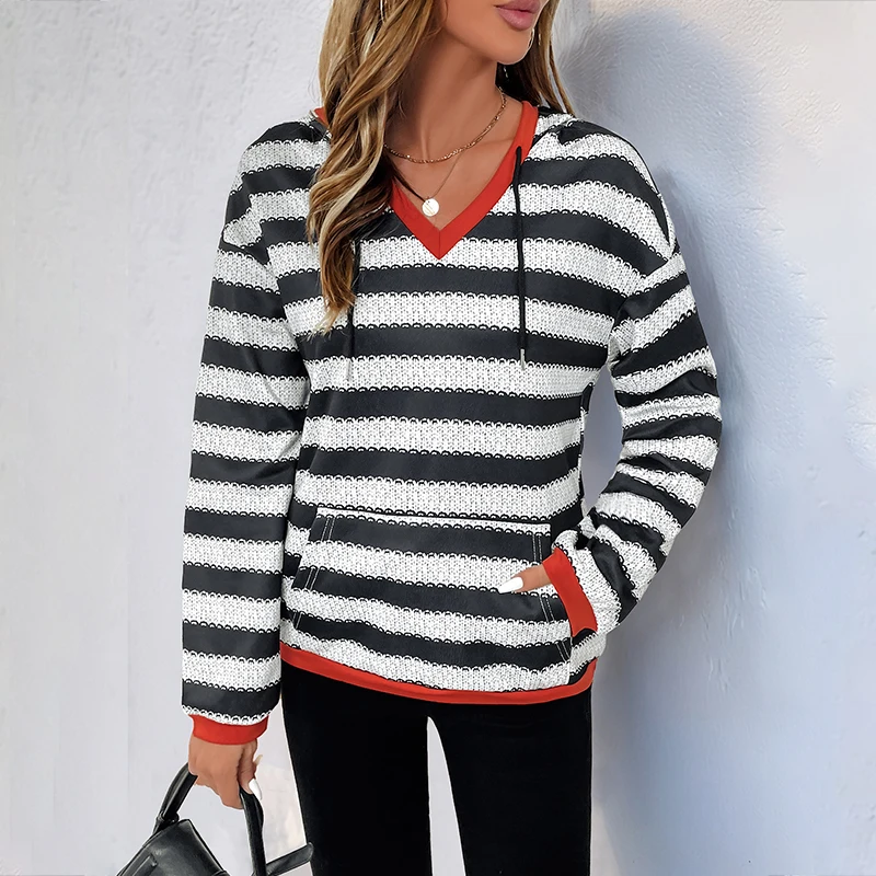 

Women's Black White Striped Hooded Color Block V-Neck Sweatshirt Autumn Winter Casual Loose Pocket Pullover Top