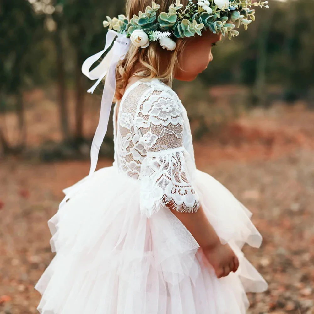 Abiti da ragazza di fiori in Tulle a strati Appliques di pizzo manica svasata compleanno semplice a-line lunghezza del tè abito da prima comunione Party Rite