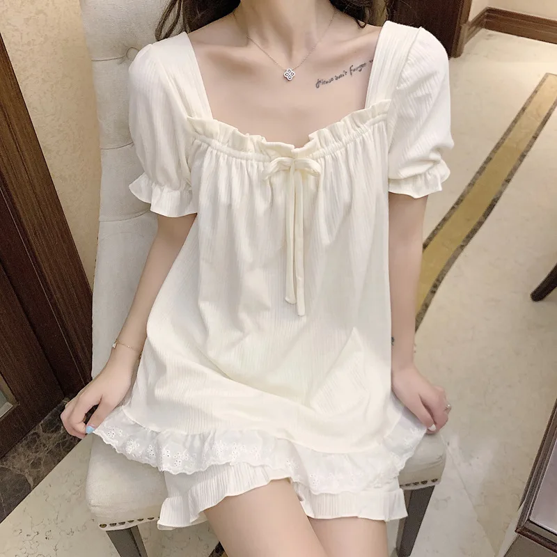 

Soft Lace Lace Shorts Pajamas Square Neck Ruffle Edge Two Pieces Pajamas Bow Short Sleeve Pajamas Cover Sleep