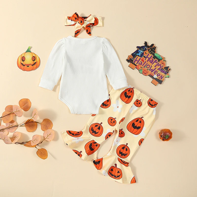 

Toddler Girls Autumn Set Adorable Long Sleeve Romper with Pumpkin Print Bell Bottoms and Matching Headband for Halloween