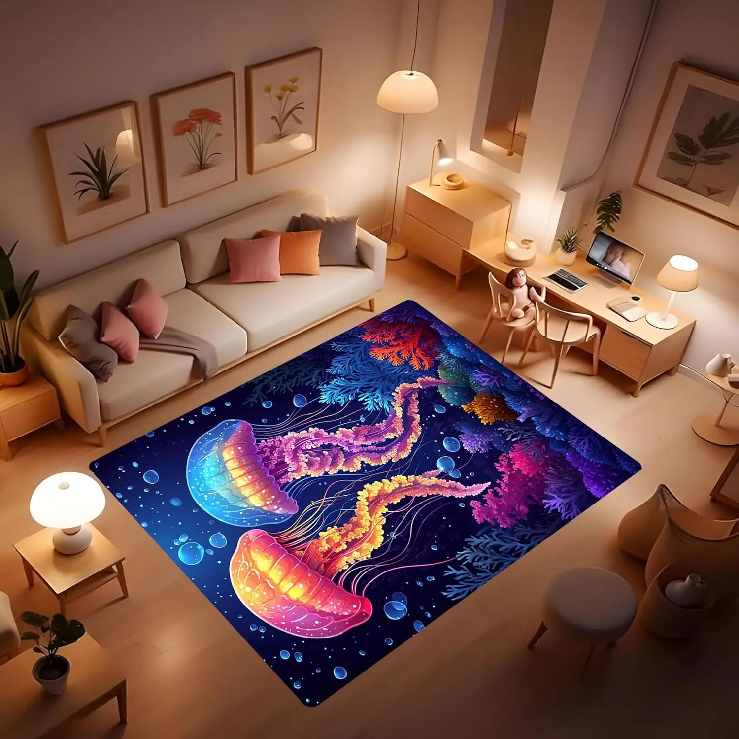 Green Jellyfish Ocean Carpet for Living Room, Super Soft Modern Bedroom Carpet, Ocean Undersea Creature Jellyfish Seaweed