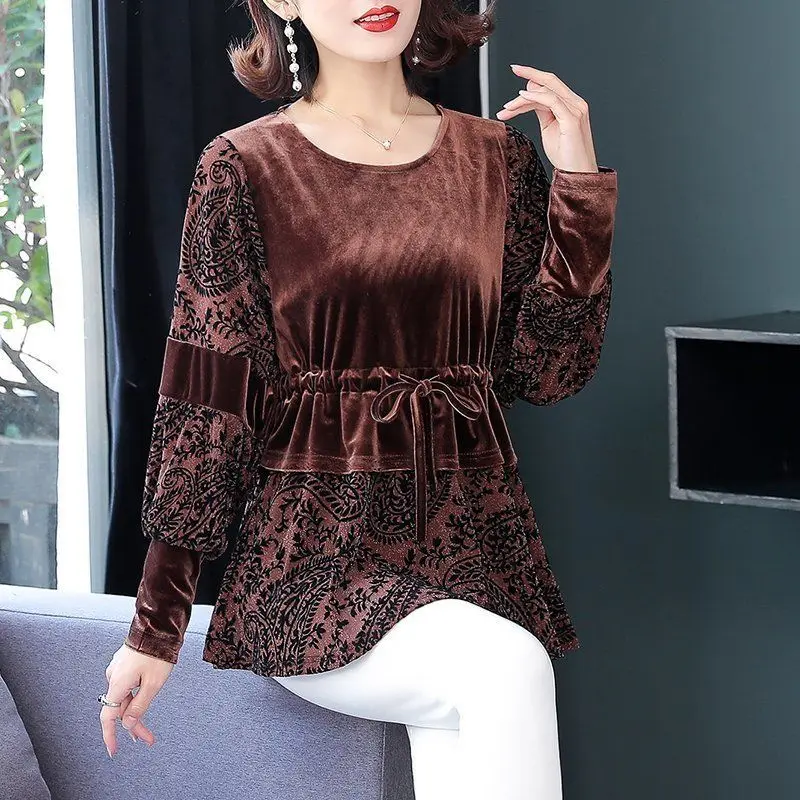 Vintage Elegant Flocking Lantern Sleeve T-shirt Spring New Women\'s Clothing Shirring Lace Up Fashion Spliced Solid Color Tops