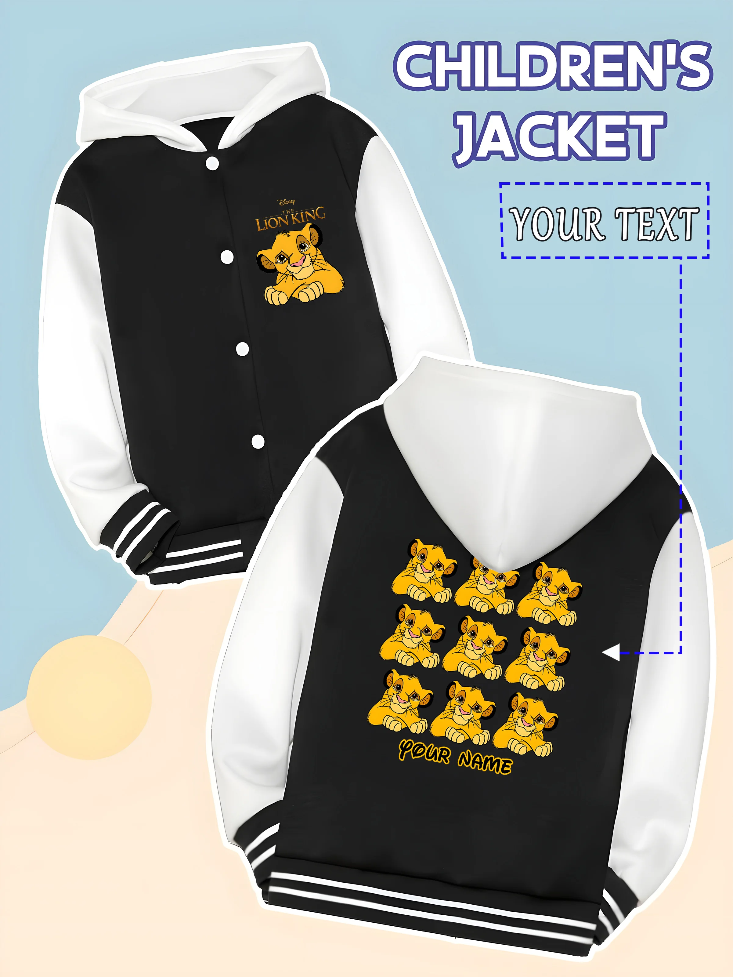 

MINISO Disney's Lion King Simba boys' baseball jacket features adorable Simba graphics, conveying bravery and joy. This classic,