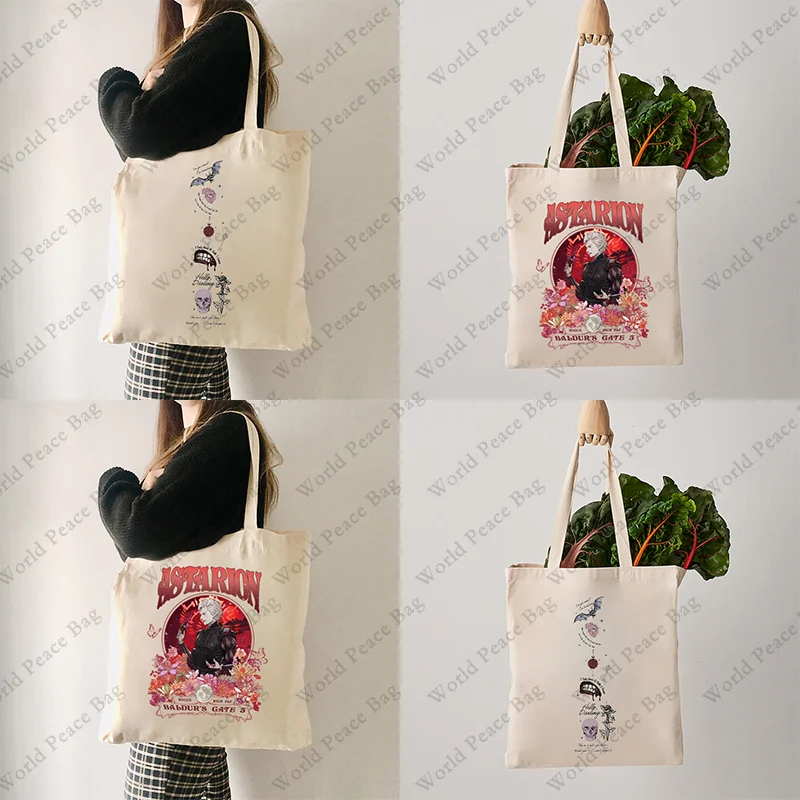 1 pc Vintage Astarion Baldurs Gate pattern Tote Bag Canvas Shoulder Bag For Travel Daily Commute Women\'s Reusable Shopping Bag