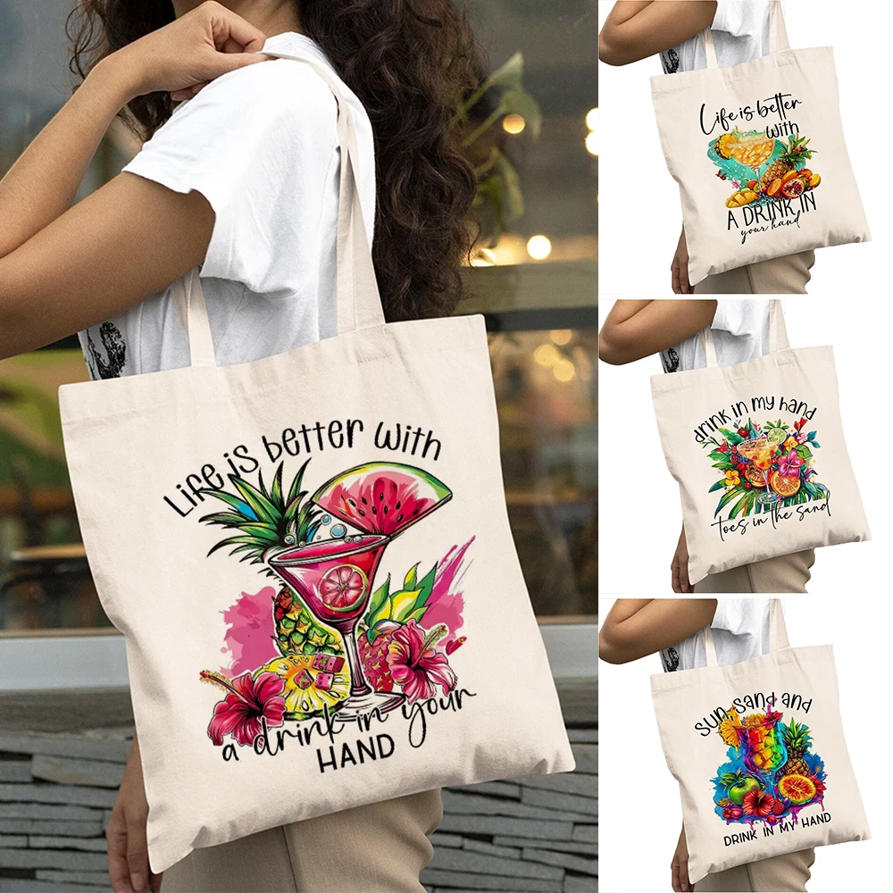

Summer Vibes Lady Shopping Bags Vibrant Cocktail Women Daily Use Shoulder Handbag Double Print Tropical Drink Girl Shopper Bag