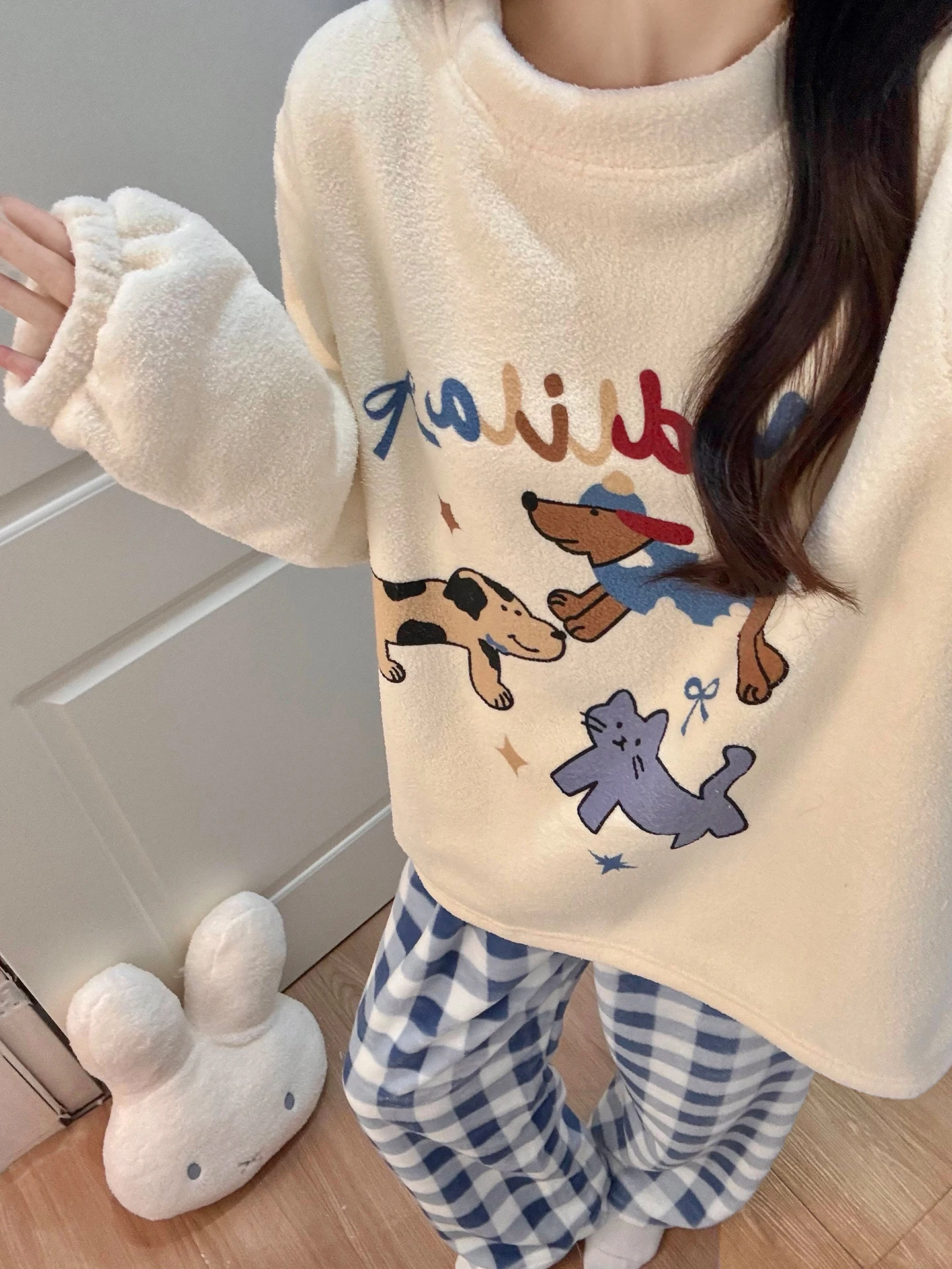 Korean Sle Cute  And Dog Padded Fce Lined Thi Warm Home Clothes Set for Women Winter New Arrival ain Fce Pajamas