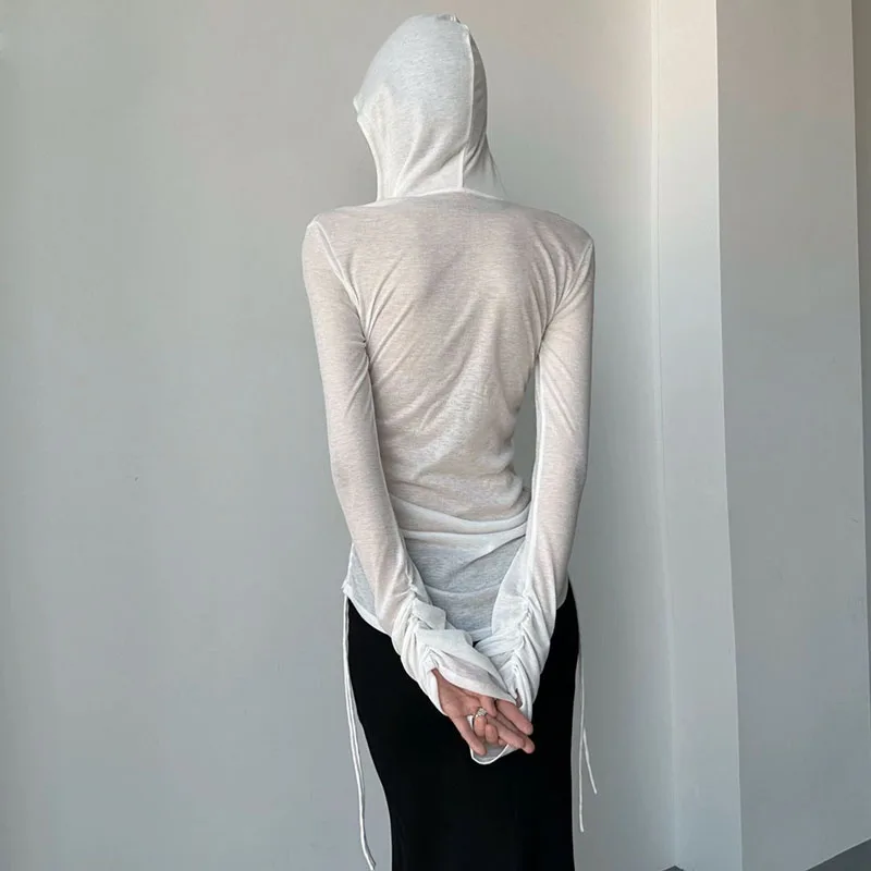 Summer Thin Women's Long Sleeve Top Streetwear Y2k Sexy See Through Hooded T-shirts Drawstring Slim Sun Protection White Tees
