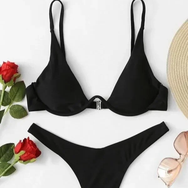 Sexy Underwire Bikini 2024  Women Solid Red Push Up Bra Thong Swimsuit  V Neck Bathing Suit Mini Micro Thong Swimwear