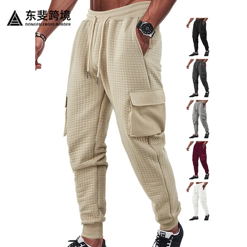 Men Cargo Pants Tactical Loose Fit Work Pants Thick Mid Rise Utility Pants Beige Square Grid Cargo Trousers Black Grey For Man