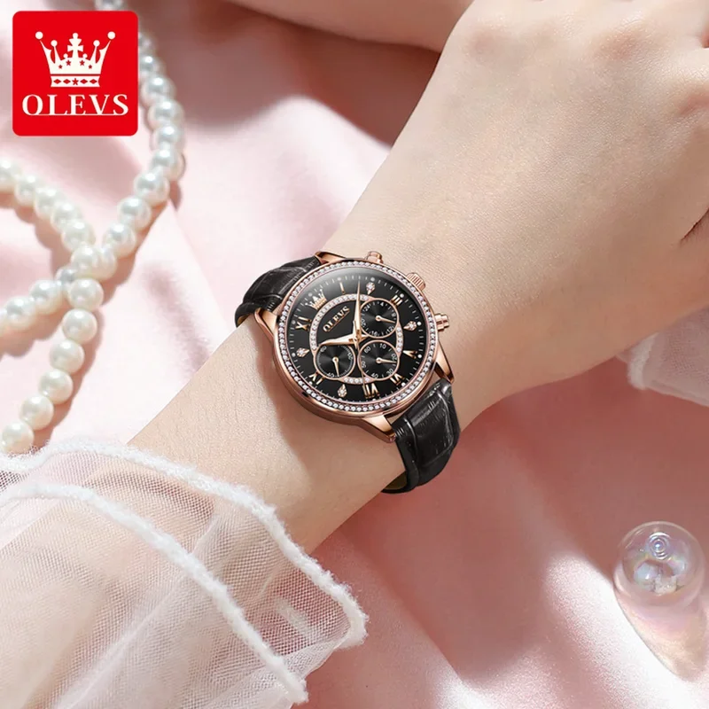 OLEVS Women's Watches Fashion Elegant Diamond Bezel Original Watch for Ladies Soft Leather Strap Waterproof Luminous Chronograph