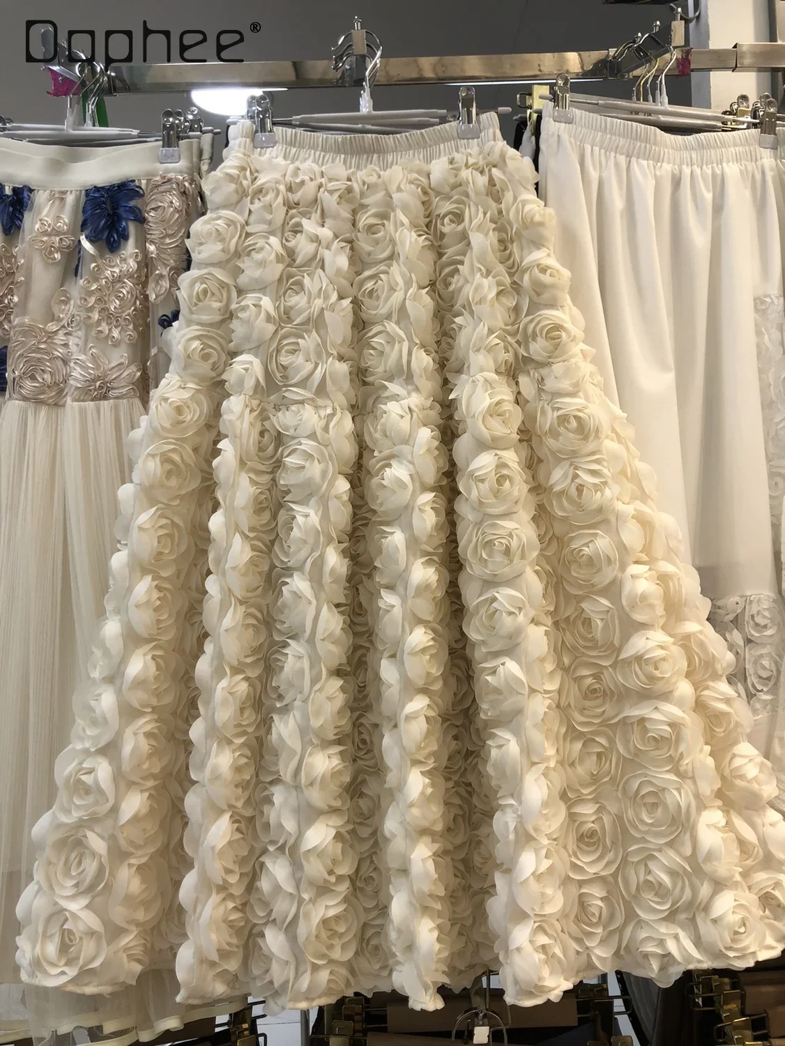 Elegante schwere drei dimensionale Rosenblüten flauschigen Rock 2024 neue Mode Französisch hohe Taille große Schaukel a-Linie lange Röcke