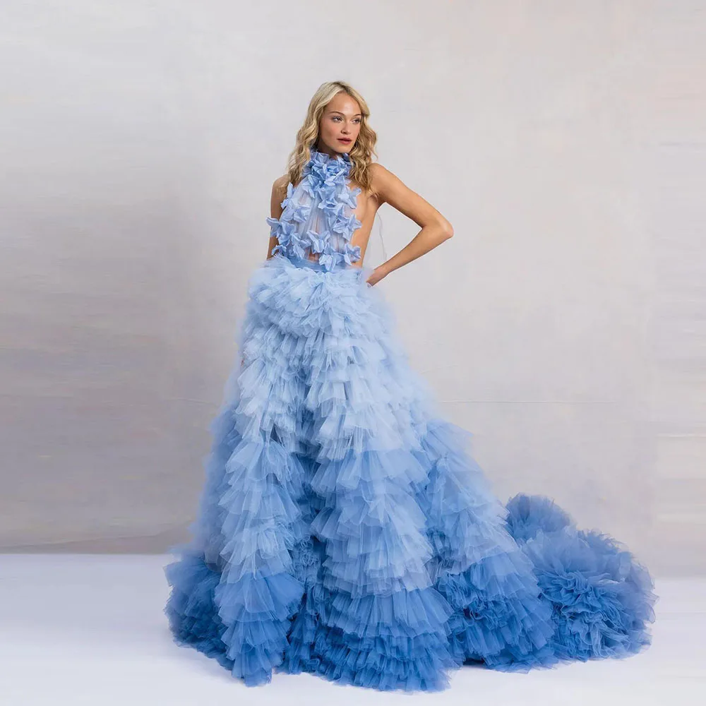 

Multi Color Blue Tiered Tulle Evening Dresses Halter Backless Floral Formal Party Dresses Pretty Tutu Prom Gowns