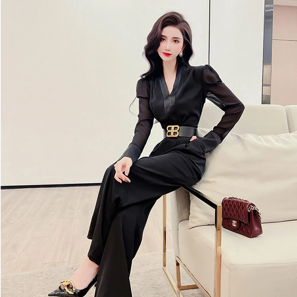 2023 Autumn Jumpsuits Women Fashion V-Neck High Waist Black Office Ladies Work Straight Rompers Professional Business Playsuits