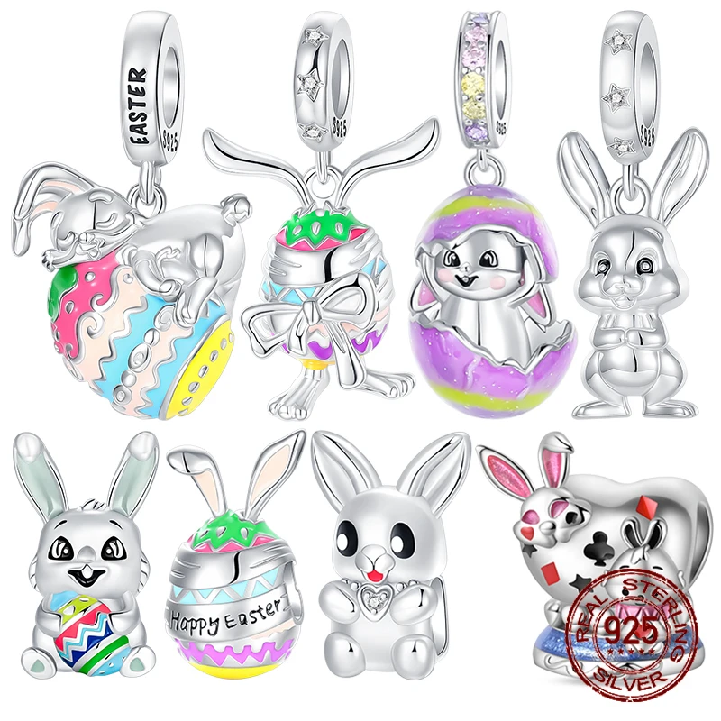 

925 Sterling Silver Easter Bunny & Egg Charms Beads Colorful Rabbit Pendants Fit Bracelets DIY Easter Holiday Jewelry Gift
