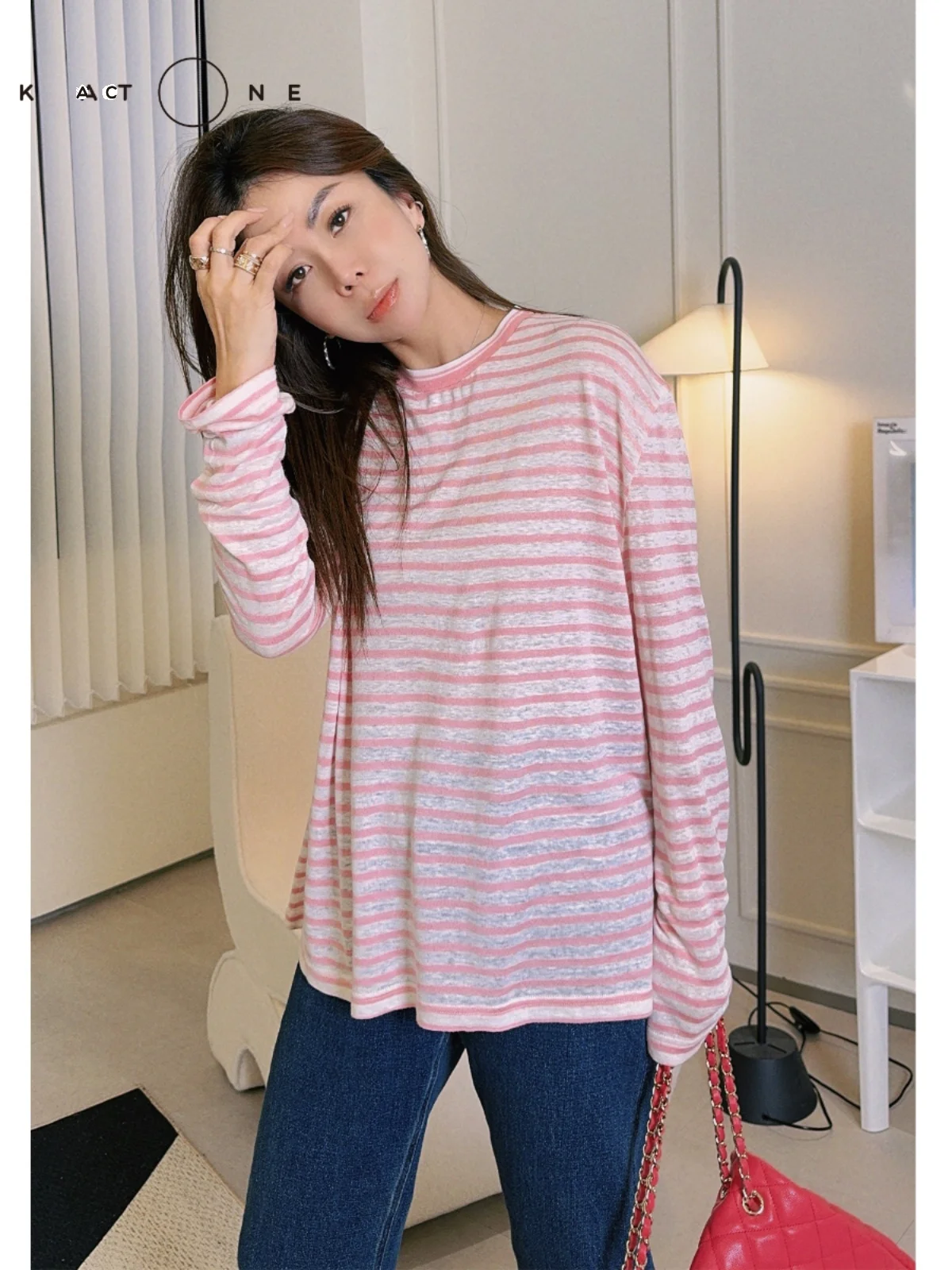 

Baatone Long Sve round Ne Striped T-irt Color Blo Bright Mood Women's Stand Fit Linen Blend Spring Top