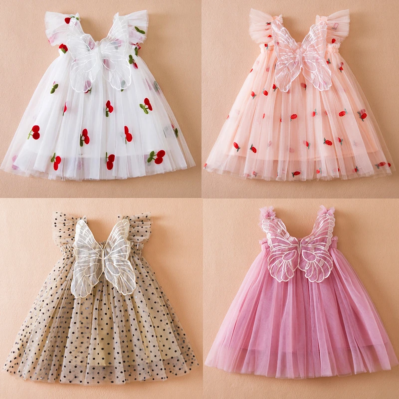 Girls Summer New Dress for Flying Sleeve Children\'s Bow Strawberry Embroidery Mesh Princess Dresses 1-5Yrs Baby Girl Clothes