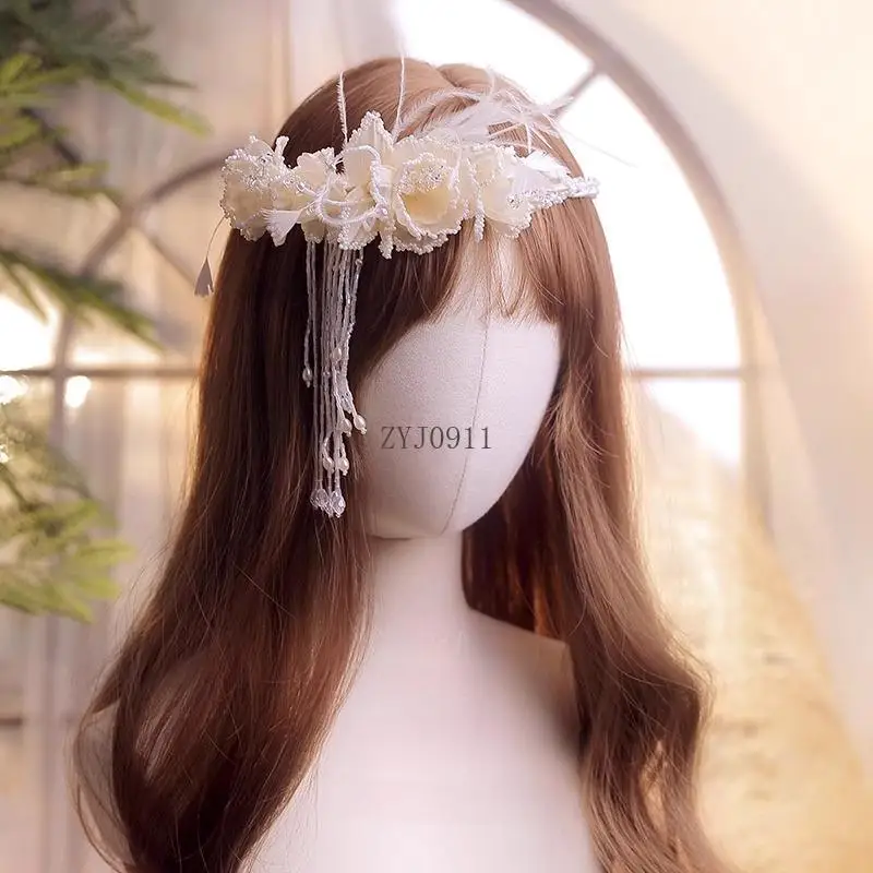 フレンチレトロシルクフラワービーズフリンジヘッドバンドブライダルウェディングドレスヘアアクセサリー