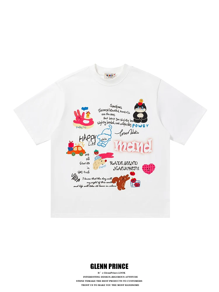 

GPstudio American Style Short Sleeve T-Shirt Pure Cotton Loose Fit Cartoon Print Men's Summer Casual Tee Breathable Comfortable