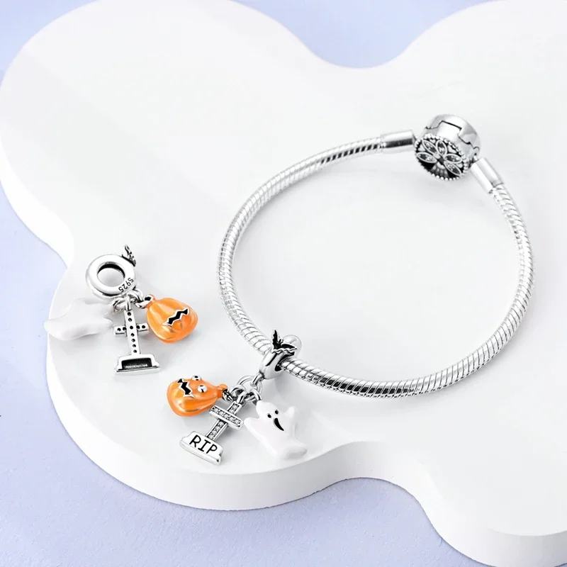 New 925 Sterling Silver Skull Ghost Pumpkin Castle Black Halloween Charm Fit Original Pandora Bracelet DIY Jewelry For Women