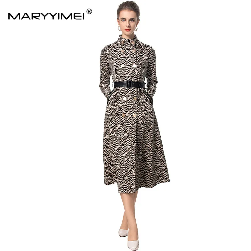 MARYYIMEI Autumn and Winter Women\'s dress Stand Collar Long-Sleeved Single-Breasted Sashes Slim Fashion Streetwear Dresses