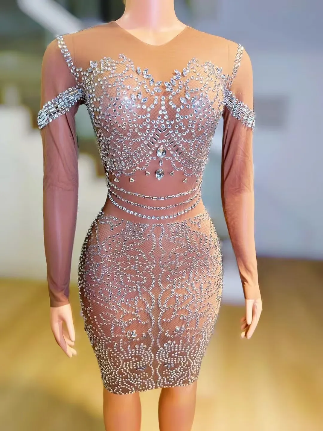 Perspectief Mesh Full Diamond Sexy Tas Hippe Rok Nachtclub Dj Bar Vrouwelijke Zangeres Dansteam Podium Kostuum Themashow