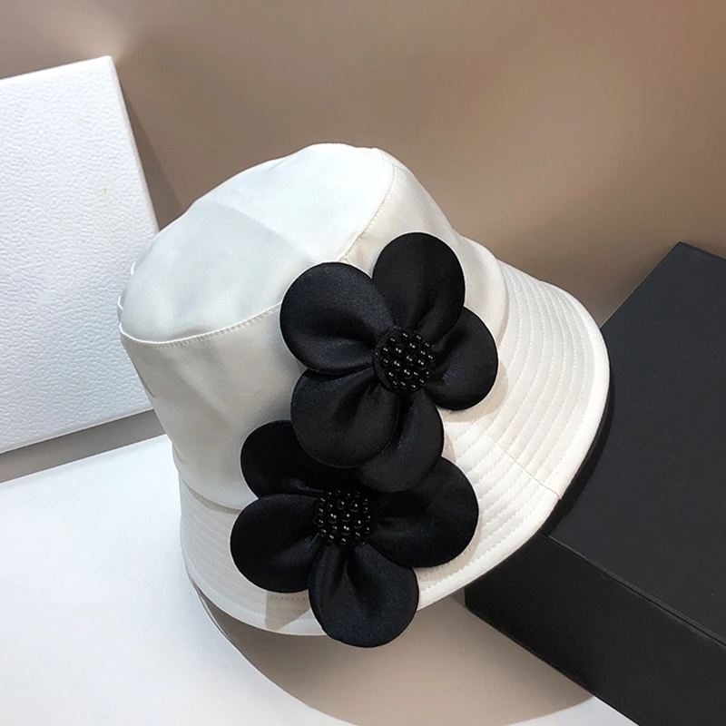 

New Bucket Hats For Women French Hepburn Black Panama Hat Ladies Floral Fisherman Hat Acetate Satin Tide Casual White Cap