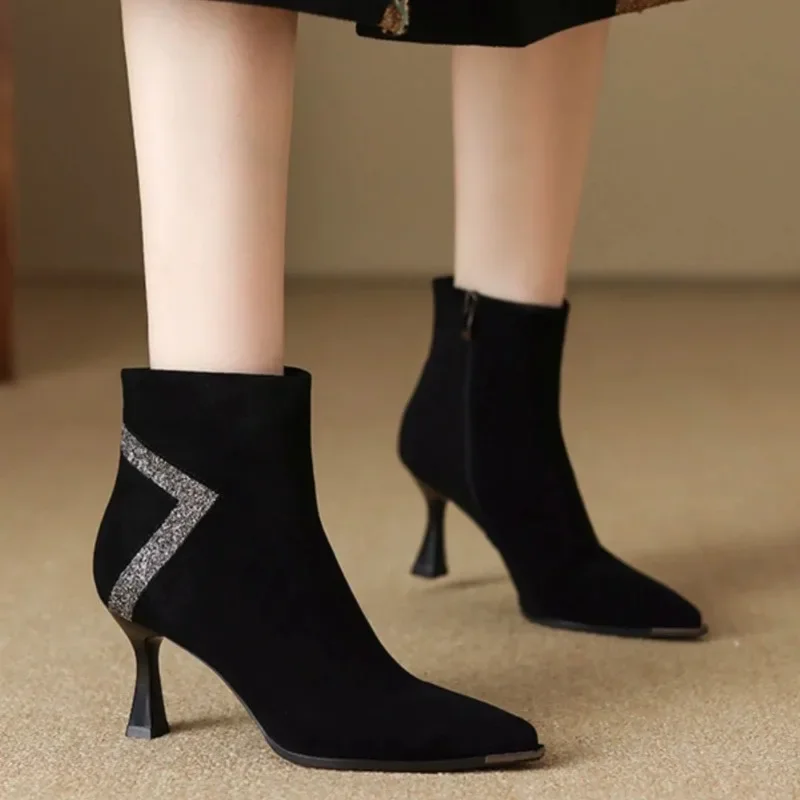 

Skinny Booties with Skinny Heel in Scrub Rhinestone Fashion Pointed Toe Side Zipper Non-Slip Wear-Resistant Heels