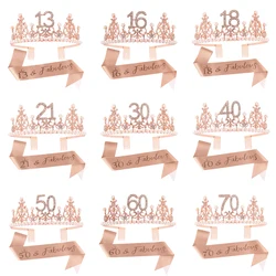 13 16 18 21 30 40 & Fabulous Glitter Sash and Rhinestone Tiara Crown Rose Gold for Girl Women Birthday Party Decoration Supplies
