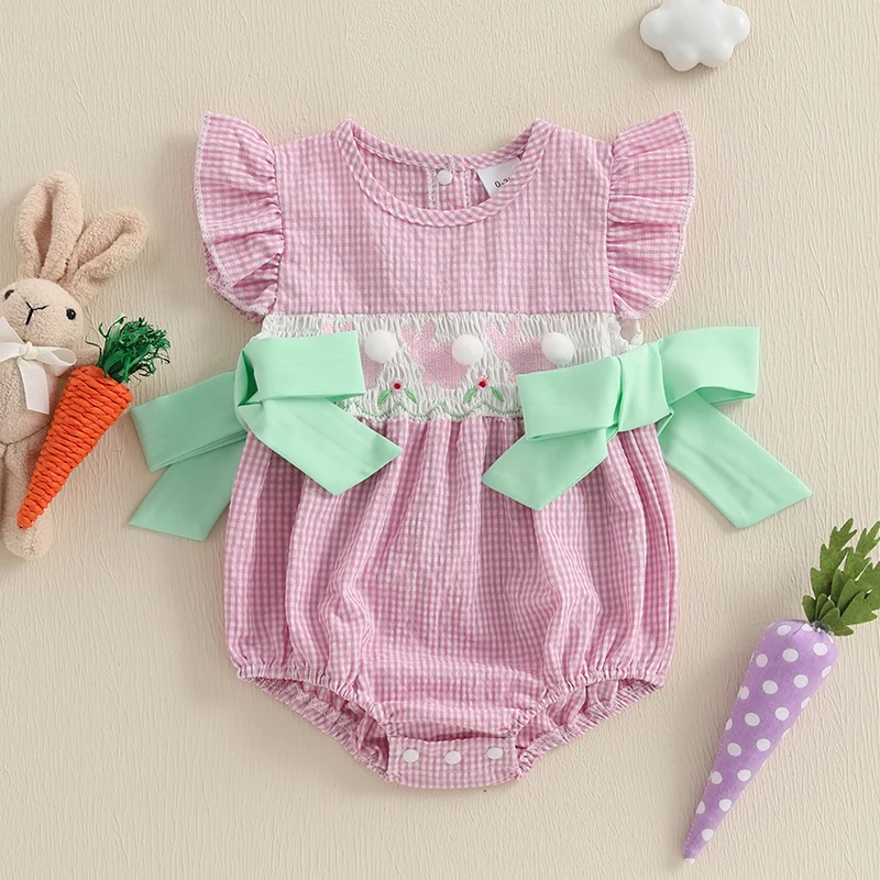 2025-01-09 Lioraitiin Baby Girls Rompers Easter Clothes Rabbit Embroidery Plaid Fly Sleeve Summer Bodysuits Jumpsuits