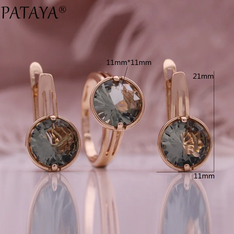 PATAYA 585 Rose Color Round Cubic Zircon Earrings Rings Sets 2024 New Women Fine Jewelry Sets