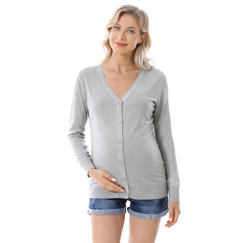 Button Front Maternity Knit Cardigan V Neck Long Sleeve Soft Stretch Loose Sweater Jacket Pregnant Women Daily Outer Top