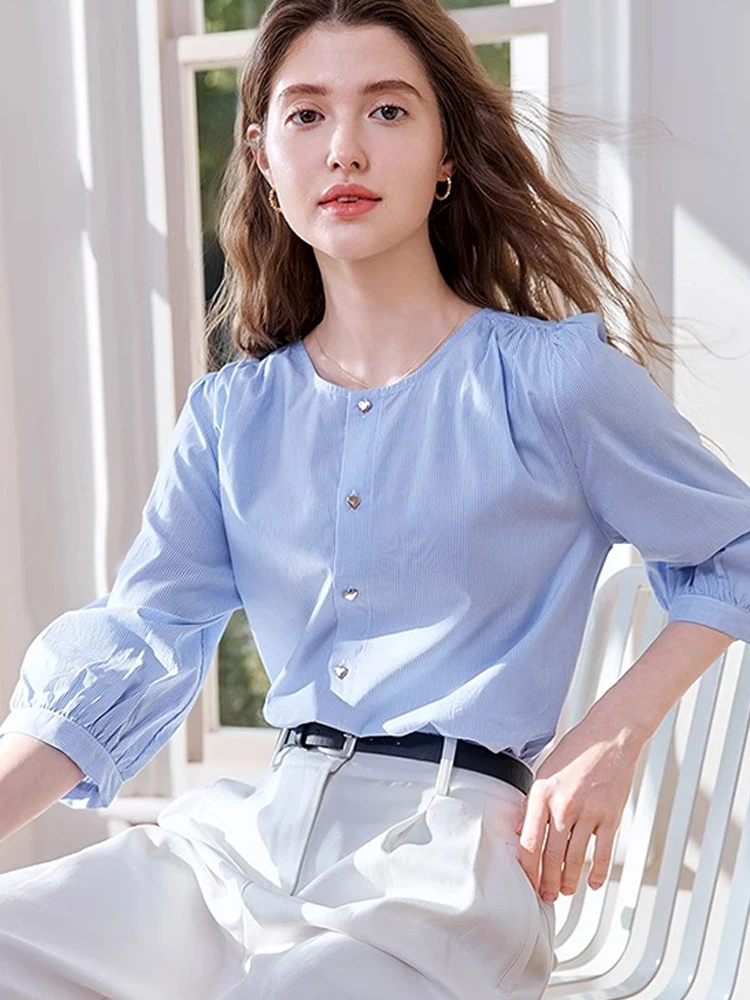 Casual round Ne irt Women's Single Button Seven Sve Simple Summer Faion Ele Design Sense irt Korean Sle Loos...