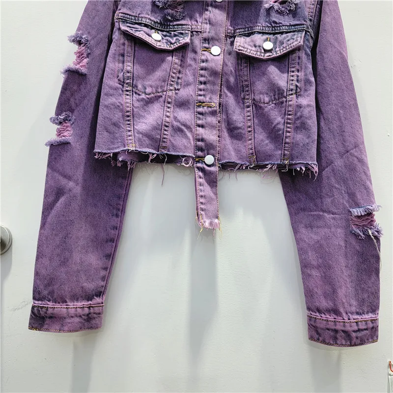 Harajuku Vintage Hole Denim Jacket Irregular Frayed Burrs Hem Purple Blue Spring Autumn New Women Short Jeans Jacket Streetwear