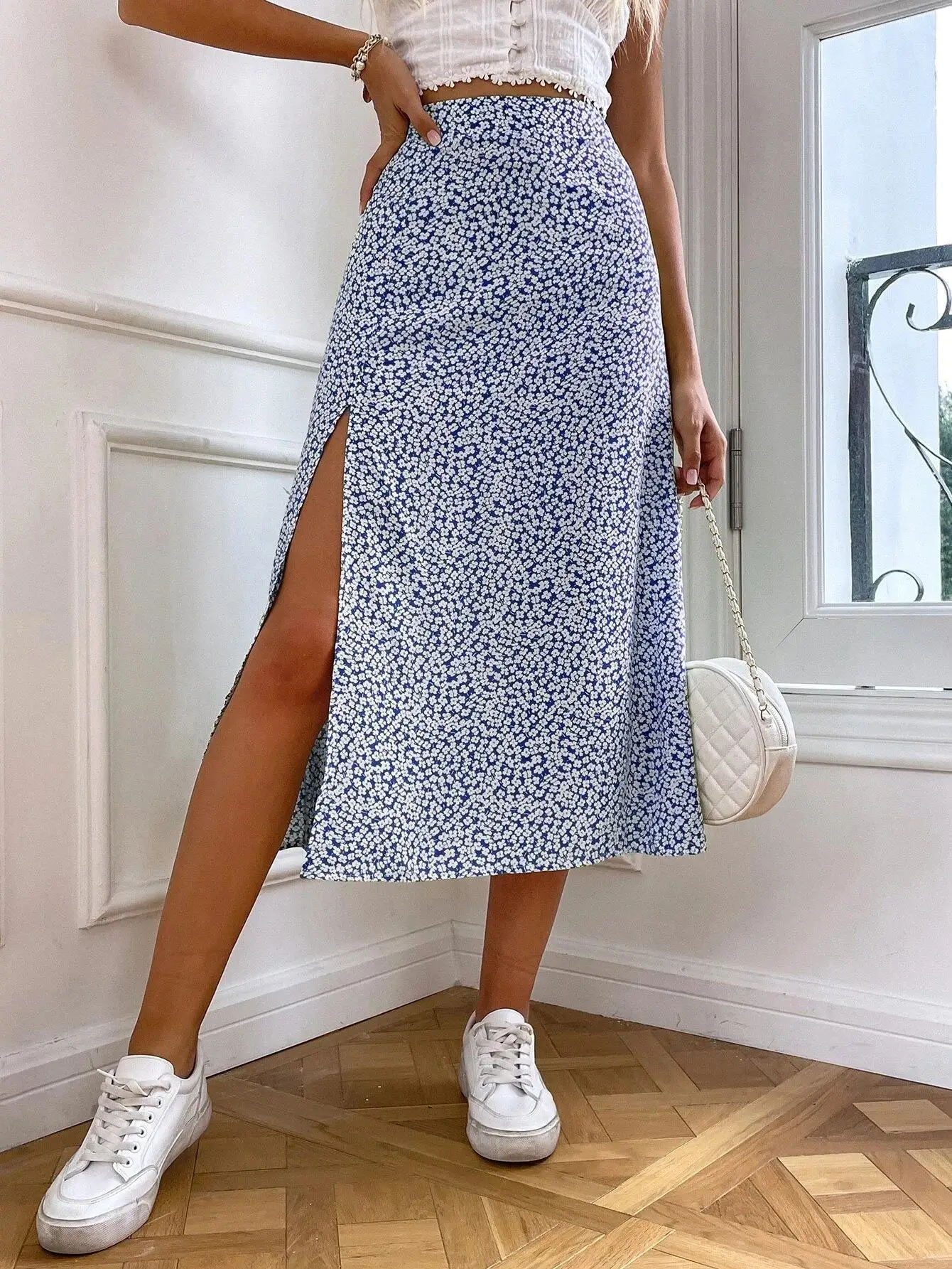 2023 Autumn New European and American Floral Half Skirt  Cross Border Foreign Trade Split A-line Wrap Hip Mid Waist Long D