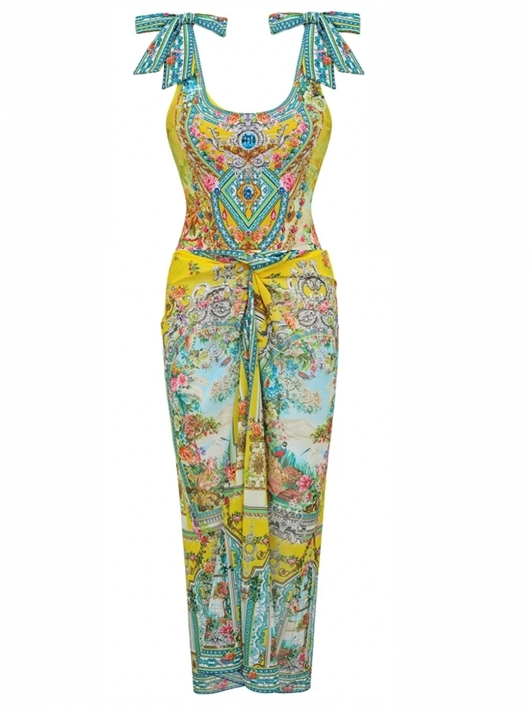 

Retro Bikini Printed Fashion Two Piece Swimsuit And Cover Up With Skirt Tight Women's Bandage Summer Beach Luxury Elegant