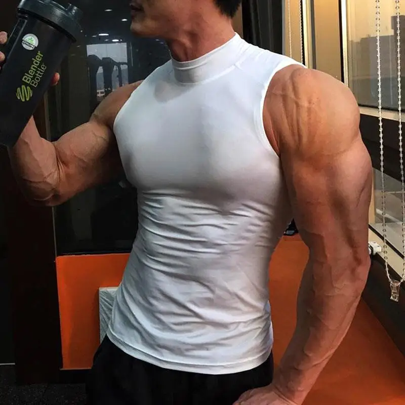 Tank Tops Gym Clothing Men Workout Training Solid Breathable T-shirt with Collar for Men Stretch Quick-Dry Vest Sleeveless Tees