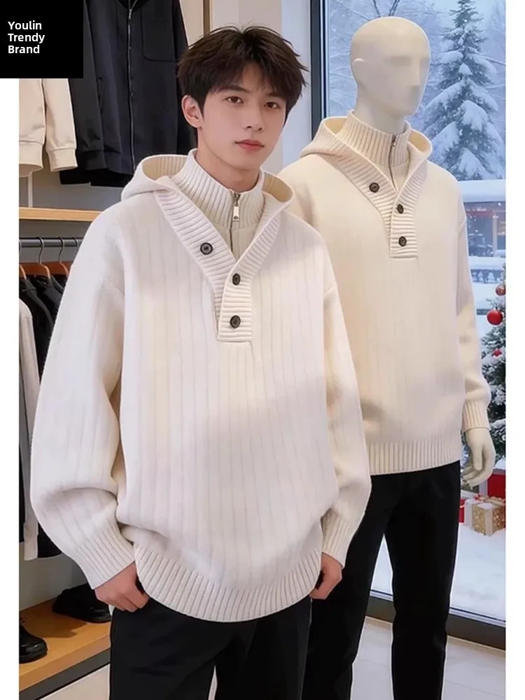 

White Zipper f-Knitted Thiened High Collar Men's Sweater Winter Outerwear Lazy Sle Korean Loose Fit Long Sve Top