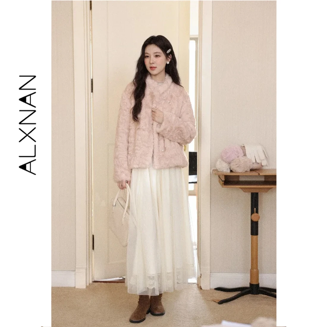 ALXNAN Pink Heart Pearl Button Fur Jacket Women Soft Loose Fit Winter Daily Casual Short Faux Fur Coat Female Clothing QJD00663