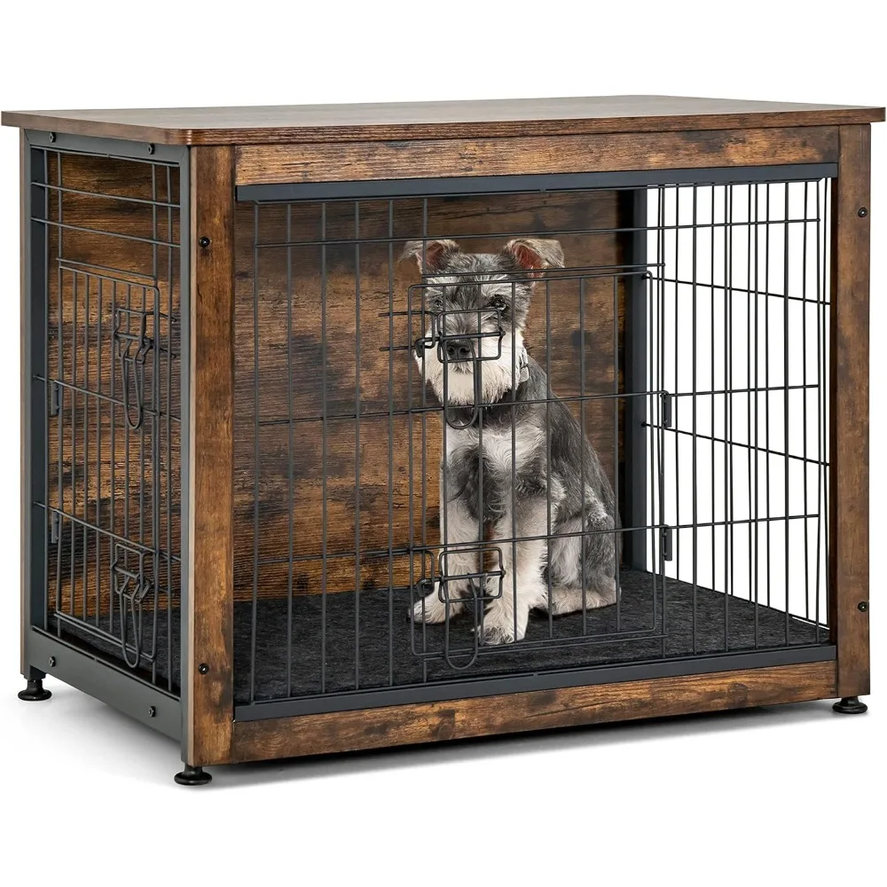 

Dog Crate Furniture with Removable Tray/Felt Mat, Wood Dog Cage End Table for Small & Medium Dogs, Industrial Double Doors Chew