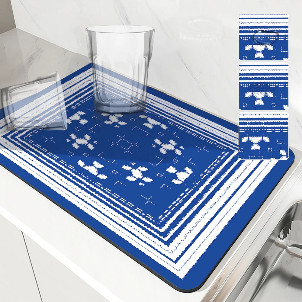 Alfombrilla absorbente de café azul portugués, estera de secado de platos, vajilla de baño seca, alfombrilla absorbente con respaldo de goma para ocultar manchas