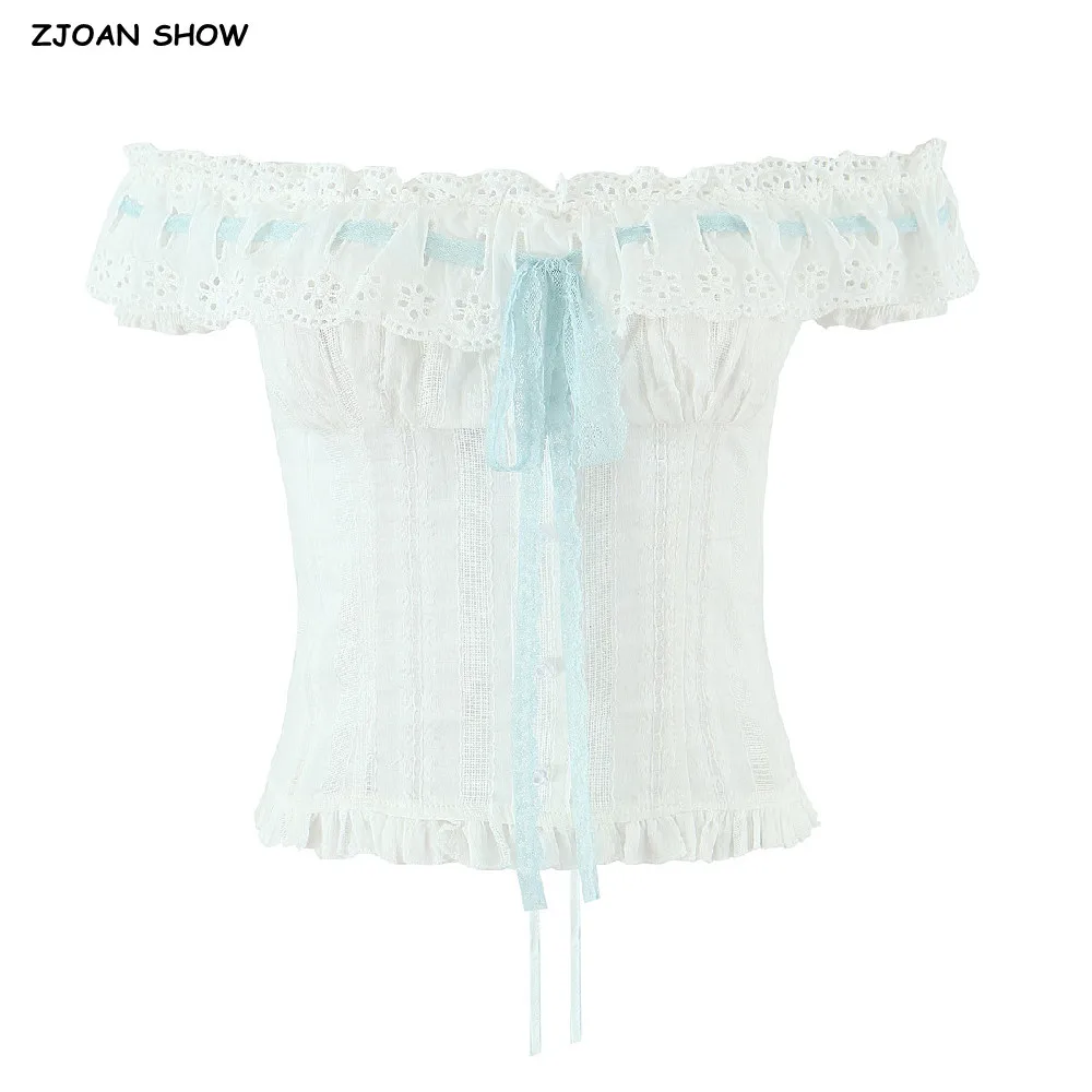 New Summer White Spliced Wood ears embroidery Lace Slash Shoulder Ribbon Shirt Women Elastic Back Ruffles Short Sleeve Crop Tops