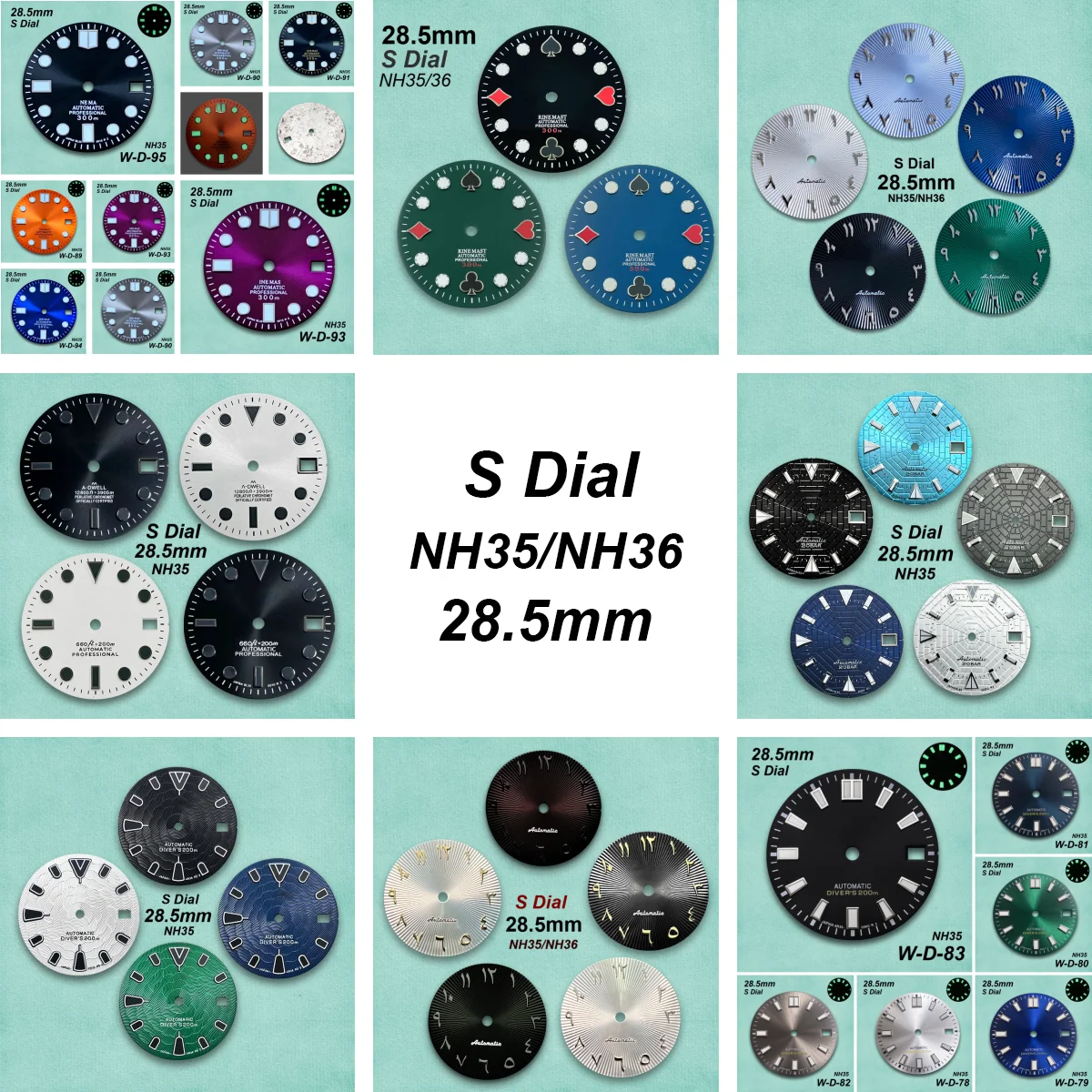 

28.5mm S Logo SUB/Arab/Poker Dial Fit NH35/NH36 Movement Green/No Luminous Sunburst Enamel Watch Modification Accessories