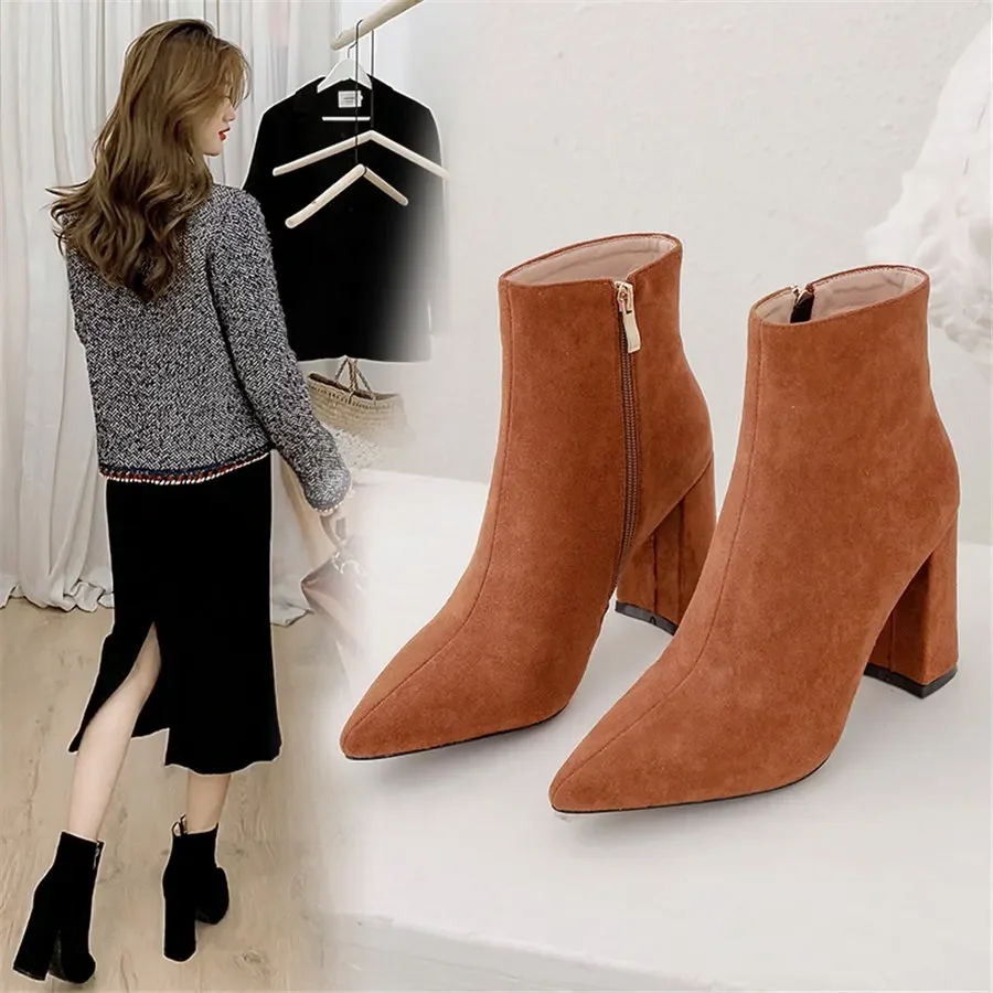 Big Size Winter Women Ankle Boots Black Brown Flock High Block Heel Pointed Toe Party Office Lady Plush Zipper Dress Short Boots