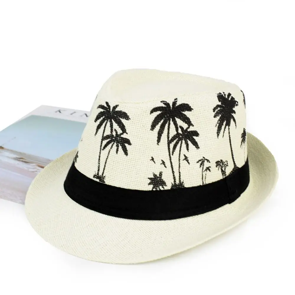 Fashion Sun Protection Jazz Hat Coconut trees pattern Short Brim Beach Cap Flat Top Lightweight Sunbonnet Outdoor