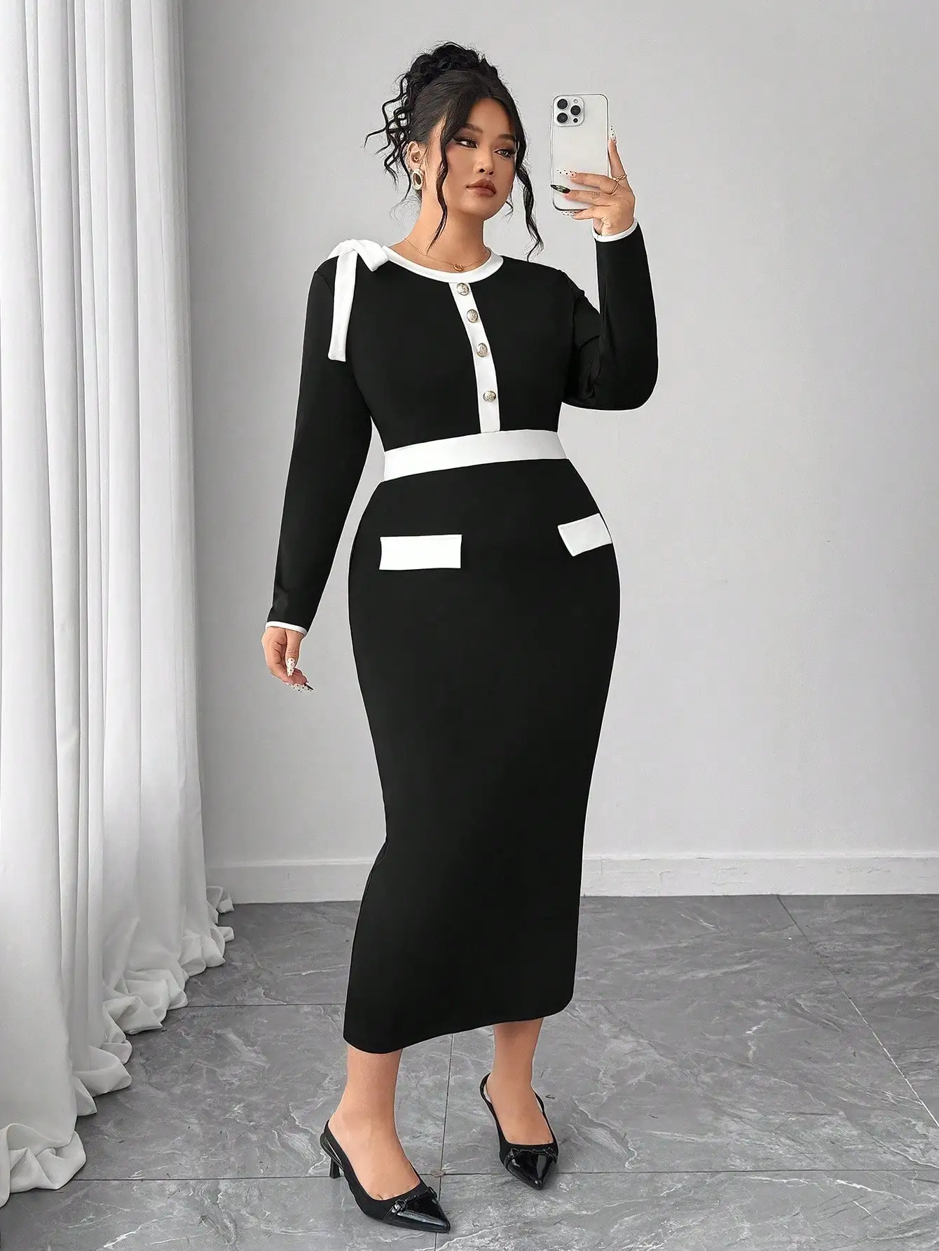 

Elegant Contrast Color Long Sleeve Tie Waist Plus Size Women Dress